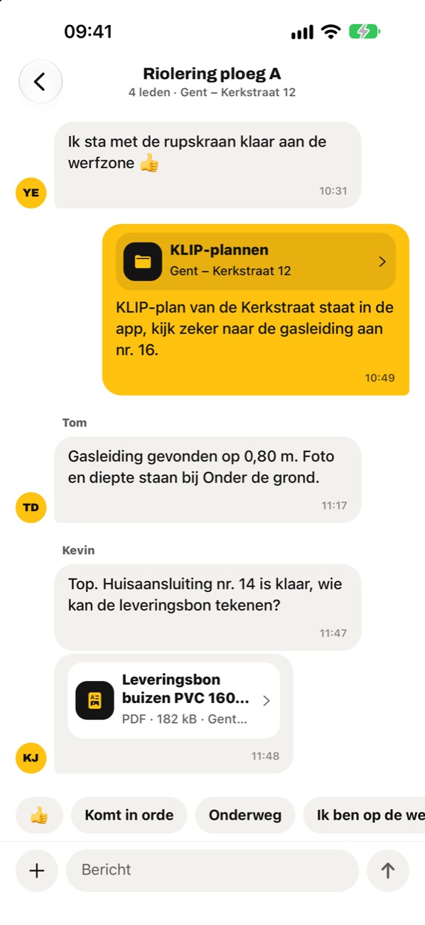 Ploegchat Riolering ploeg A met een gedeeld KLIP-plan, een melding over een gasleiding op 0,80 m en een leveringsbon.