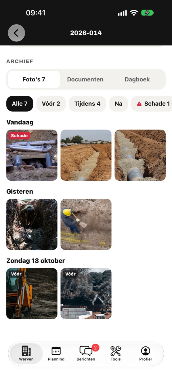 Fotoarchief van een werf, gefilterd op Vóór, Tijdens, Na en Schade, met foto's van sleuven en buizen.