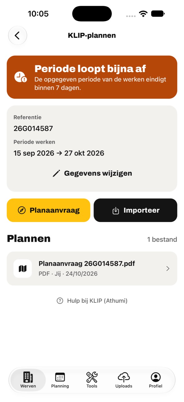 KLIP-plannen van een werf met de waarschuwing dat de periode van de werken bijna afloopt.