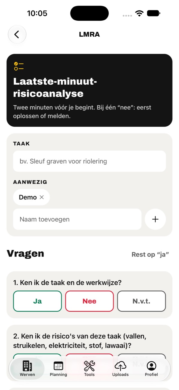 Laatste-minuut-risicoanalyse met taak, aanwezigen en vragen met de antwoorden Ja, Nee of N.v.t.
