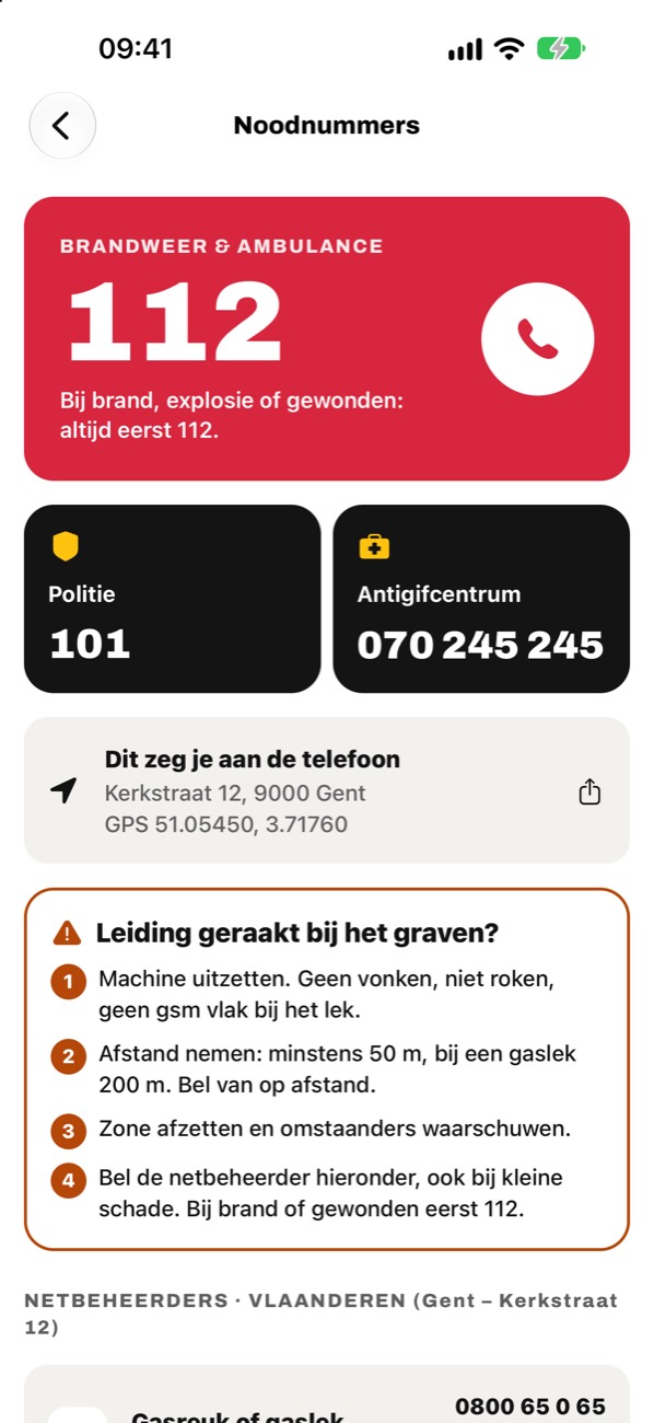 Noodnummers: 112, politie 101, antigifcentrum en de stappen bij een geraakte leiding.