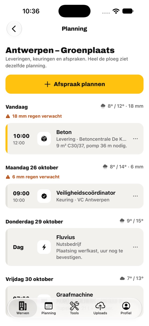 Werfplanning met een betonlevering, een keuring door de veiligheidscoördinator en het weer per dag, met waarschuwing voor regen.