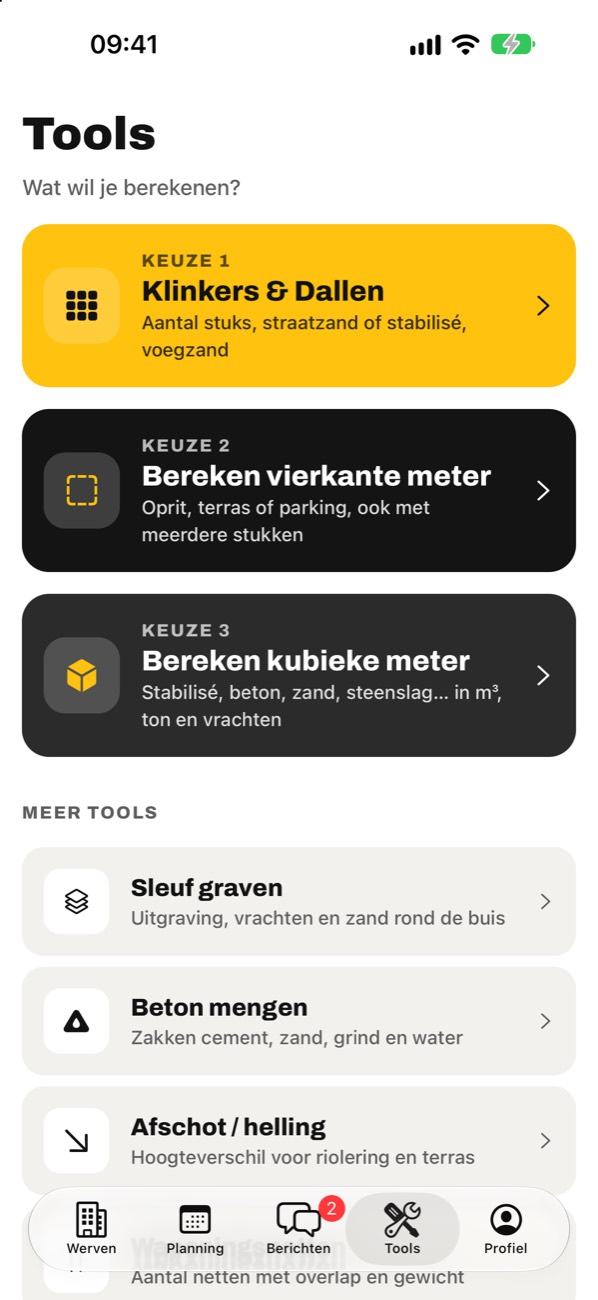 Rekentools: klinkers en dallen, vierkante meter, kubieke meter, sleuf graven, beton mengen en afschot.