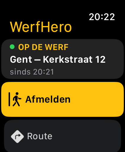 Apple Watch’ta WerfHero: 20:21’den beri Gent – Kerkstraat 12 şantiyesinde, çıkış ve yol tarifi düğmeleriyle.